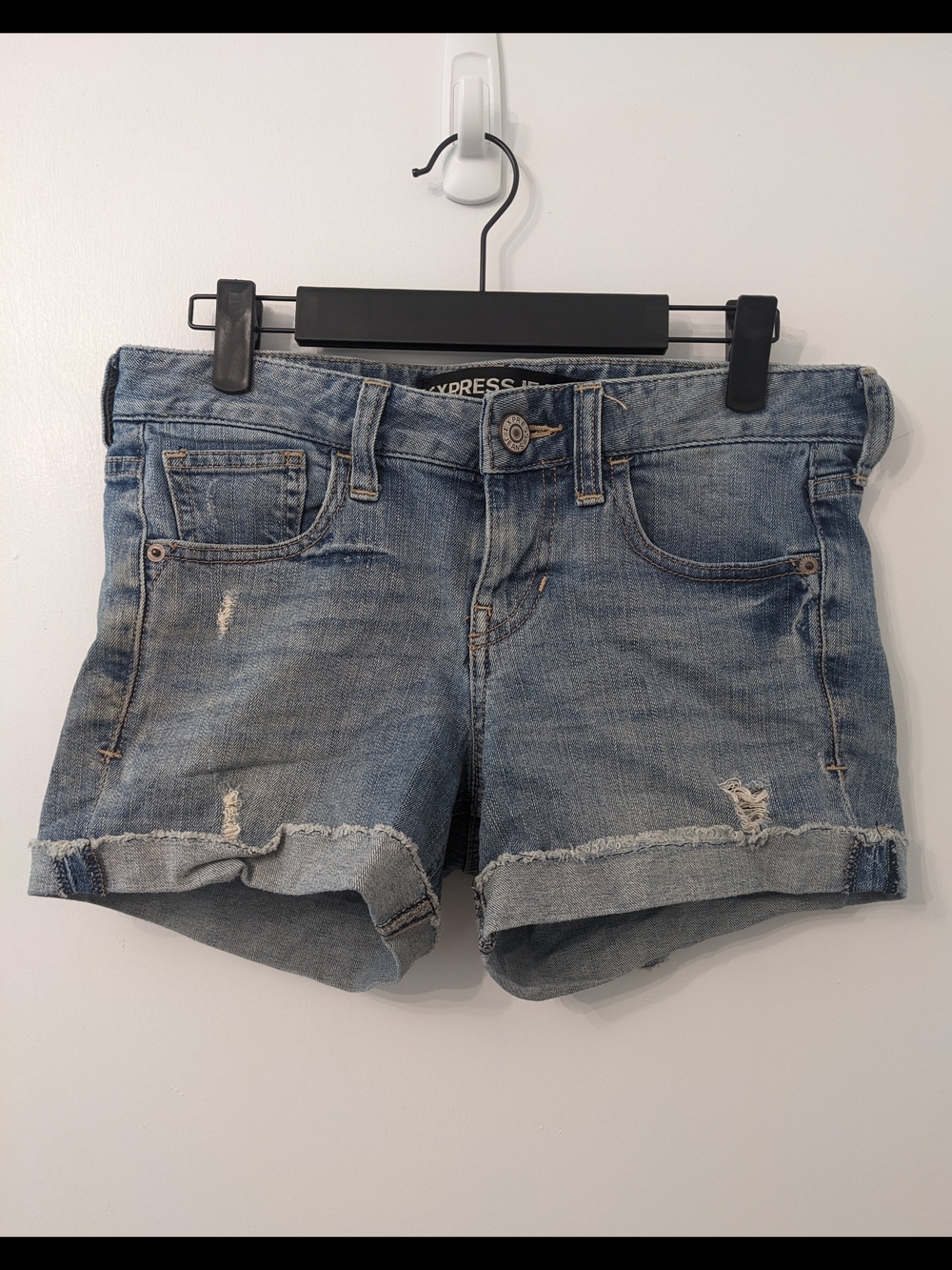 Express Light Wash Blue Denim Cutoff Short with Light Distressing | Size 2